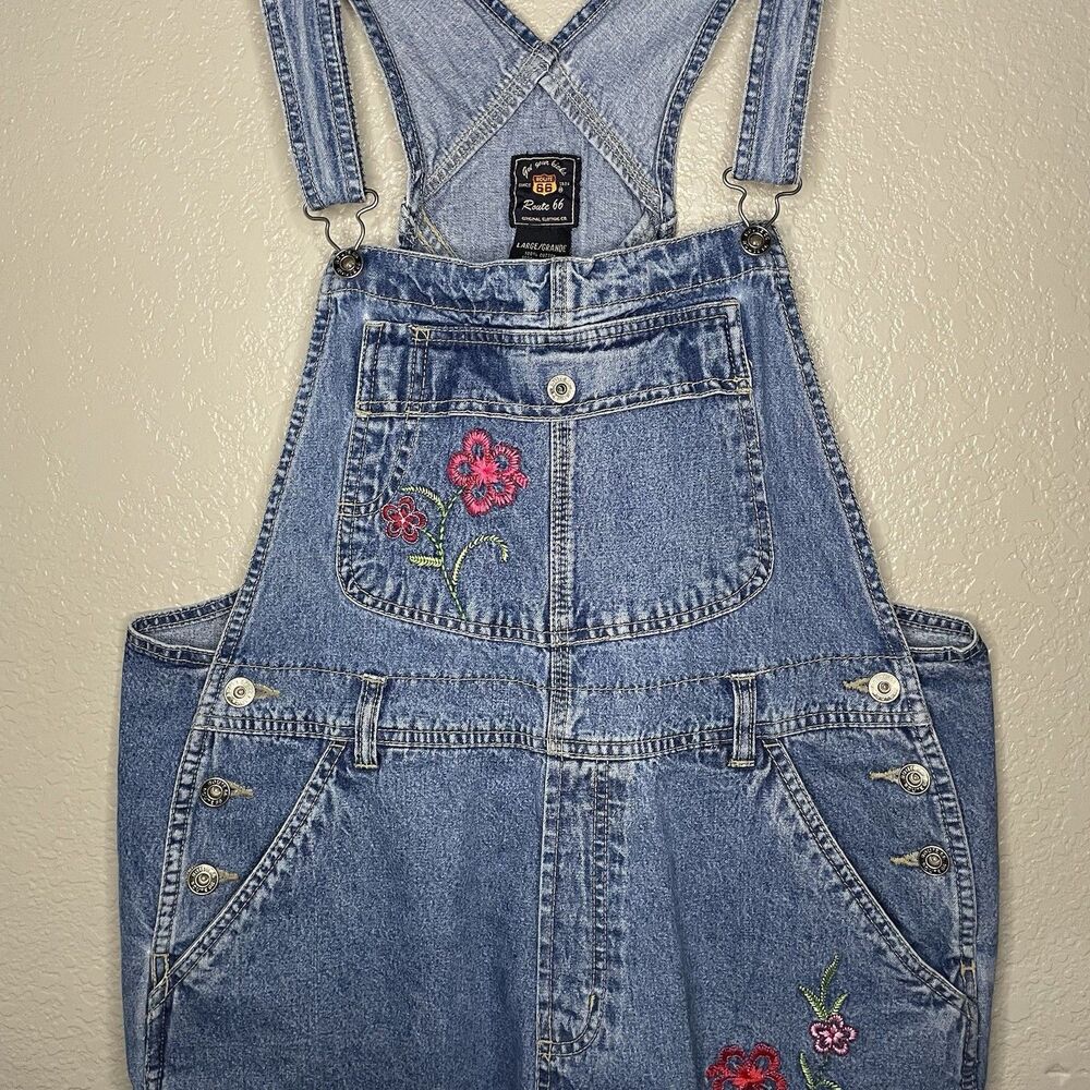 VTG Route 66 Denim Carpenter Short Overalls L Bibs Embroidered Floral Y2K 90s - Picture 3 of 12